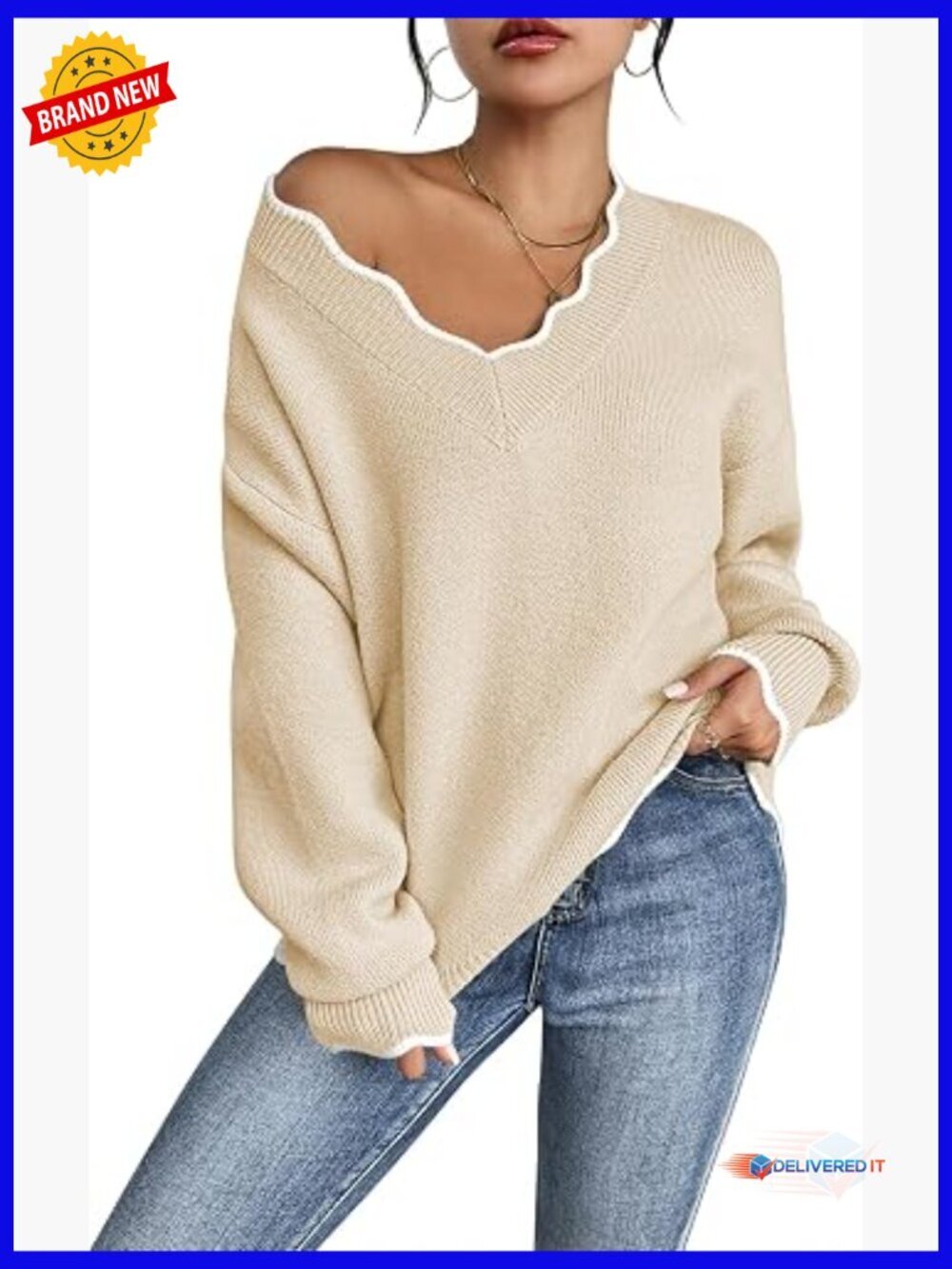 Oversized V-Neck Fuzzy Chunky Knit Pullover Sweater